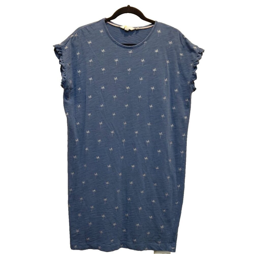 Boden Faye Jersey T-shirt Dress Palm Tree Print Ruffle Cap Sleeve Size 8R Blue
